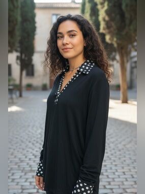 INC International Concepts Black V-Neck Top with White Polka Dot Trim